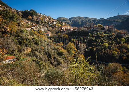 Scenic Mountain Autumn Landscape With  Village Langadia, Peloponnese, Greece