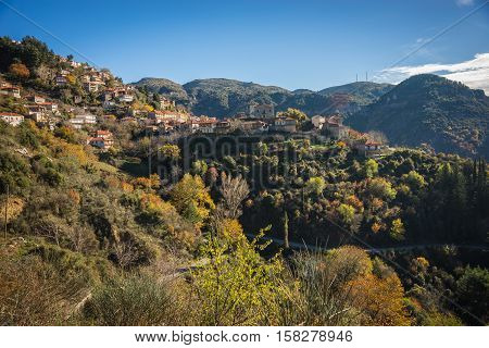Scenic Mountain Autumn Landscape With  Village Langadia, Peloponnese, Greece