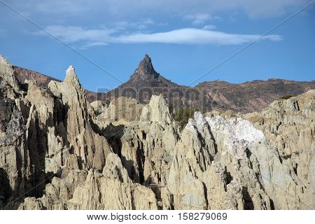 Moon Valley - Valle De La Luna - and Muela Del Diablo mountain peak, La Paz, Bolivia, South America