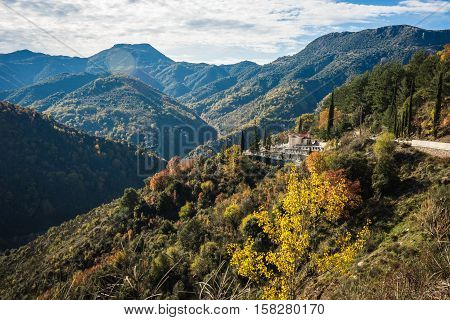 Scenic Mountain Autumn Landscape With  Village Langadia, Peloponnese, Greece