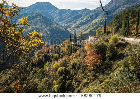 Scenic Mountain Autumn Landscape With  Village Langadia, Peloponnese, Greece