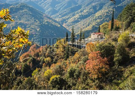 Scenic Mountain Autumn Landscape With  Village Langadia, Peloponnese, Greece
