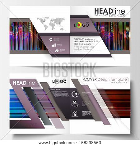 Business templates for square design bi fold brochure, magazine, flyer. Leaflet cover, abstract vector layout. Glitched background made of colorful pixel mosaic. Digital decay, signal error, television fail. Trendy glitch backdrop.