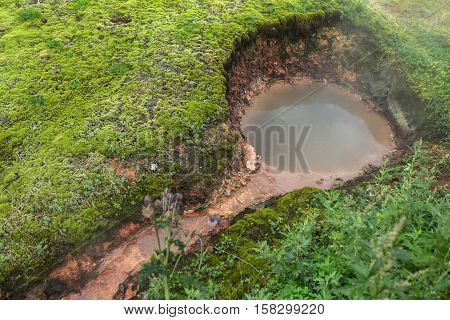 Source at the site mud pots in Valley of Geysers. Kronotsky Nature Reserve on Kamchatka Peninsula.