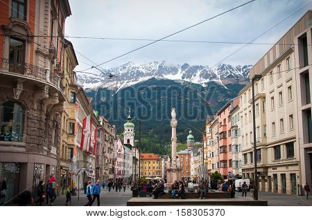 INNSBRUCK, AUSTRIA - MAY 3, 2015: Buildings with nice view in Innsbruck city, Photo taken from the road