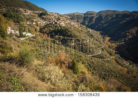 Scenic Mountain Autumn Landscape With  Village Langadia, Peloponnese, Greece