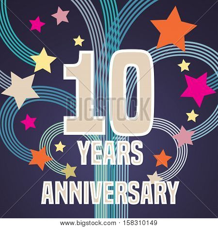 10 years anniversary vector illustration, banner, flyer, icon, symbol, sign, logo. Graphic design element with fireworks for 10th anniversary, birthday card