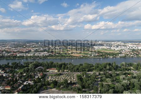 Panorama of the so called Old Danube, a Part of Danube River in Vienna, Austria.