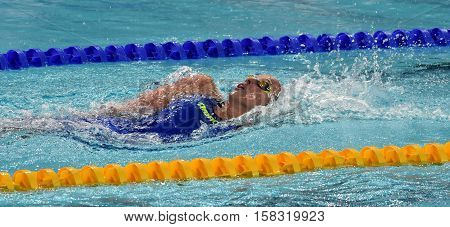 Hong Kong China - Oct 29 2016. Olympian swimmer Evelyn VERRASZTO (HUN) swimming backstroke. FINA Swimming World Cup Preliminary Heats Victoria Park Swimming Pool.