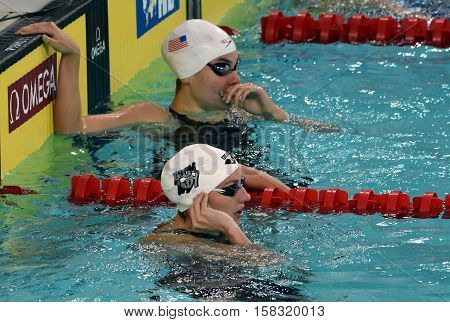 Hong Kong China - Oct 29 2016. Olympic world and European champion swimmer Katinka HOSSZU (HUN) with NORDMANN Lucie (USA). FINA Swimming World Cup Preliminary Heats Victoria Park Swimming Pool.