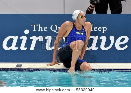 Hong Kong China - Oct 29 2016. Olympian swimmer Evelyn VERRASZTO (HUN) after finishing 200m backstroke. FINA Swimming World Cup Preliminary Heats Victoria Park Swimming Pool.