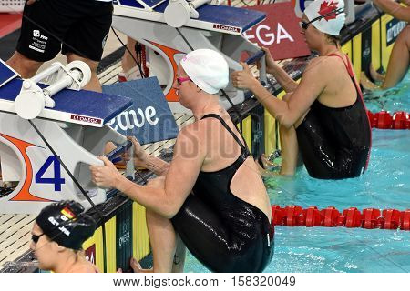 Hong Kong China - Oct 29 2016. Olympian and world champion swimmer Emily SEEBOHM (AUS) at the start. FINA Swimming World Cup Preliminary Heats Victoria Park Swimming Pool.