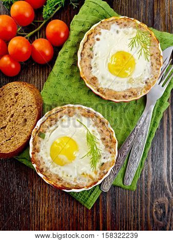 Tartlet Meat With Egg In Pan On Board Top