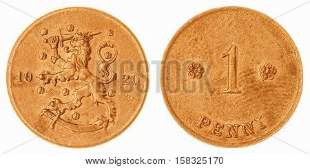 1 Penni 1920 Coin Isolated On White Background, Finland