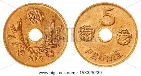 5 Pennia 1942 Coin Isolated On White Background, Finland
