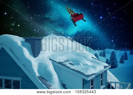 Snow on roof of 3D house against illuminated igloo on snow field