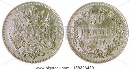 50 Pennia 1916 Coin Isolated On White Background, Finland
