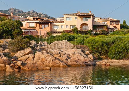 Porto Cervo Italy - September 29 2009: Villas on the cliffs of Porto Cervo Sardinia Italy.