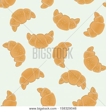 Seamless pattern with ruddy croissants for wrapping, kraft, cards, textile, print. Croissant with sesame seeds. Food ingredients background. Vector colorful illustration