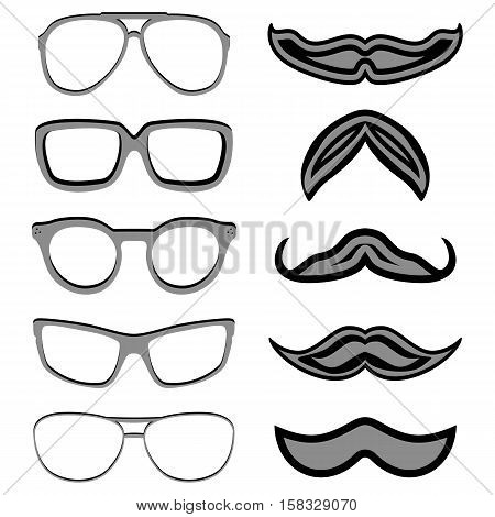 Set of hipster nerd glasses and stylish mustaches on white. Web Banner Vector Flat Design. Vector Mustache and Glasses Icons. Hipster creative design template illustration