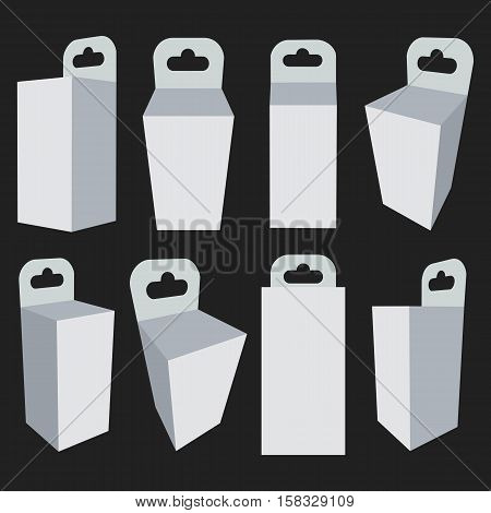 White and black paper hanging box set. Packaging container with hanging hole. Mock up template. Vector illustration isolated on white background.