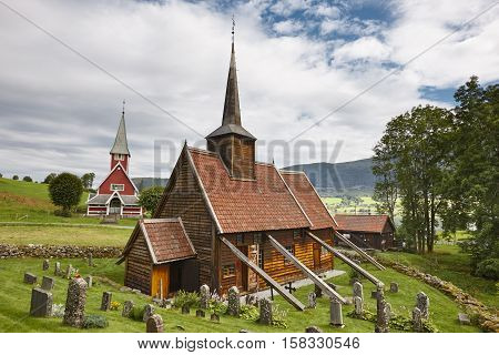 Traditional norwegian stave church. Rodven. Travel Norway. Tourism background