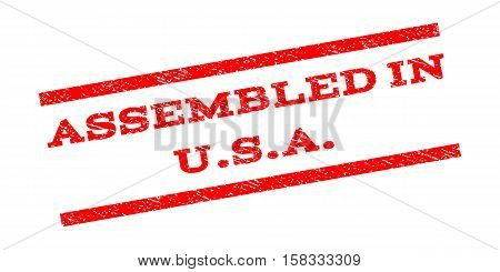 Assembled In U.S.A. watermark stamp. Text tag between parallel lines with grunge design style. Rubber seal stamp with unclean texture. Vector red color ink imprint on a white background.