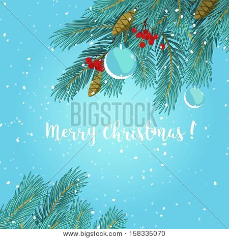 Christmas greeting card background poster. Stock illustration with fir branches and Christmas balls on blue background.
