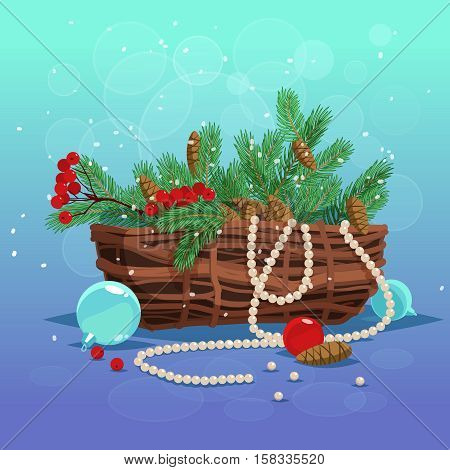 Christmas greeting card background poster. Set of basket of fir branches berries and cones and Christmas balls on blue background. Vector stock illustration.