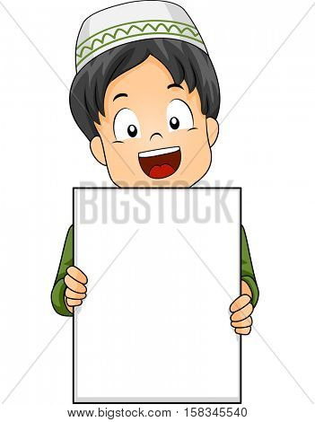 Illustration of a Cute Little Muslim Boy Flashing a Wide Smile While Holding a Blank Board