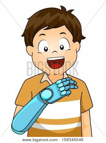 Illustration of a Boy With a Prosthetic Arm Smiling While Bending His Bionic Fingers