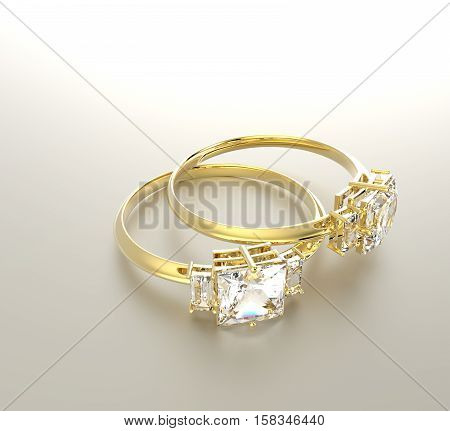 Golden wedding rings with diamonds.. Fashion jewelry. 3d digitally rendered illustration
