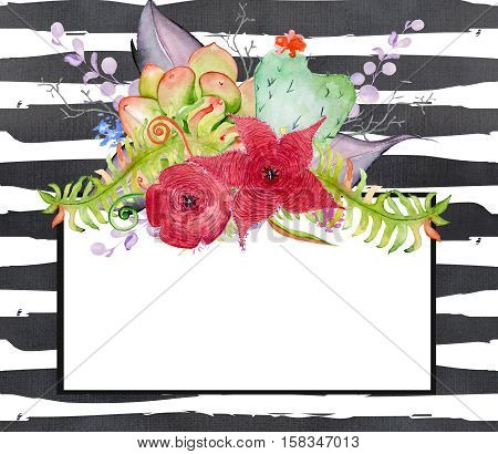 Succulent bouquet. Сactus in the shape of a heart flowers and fern leaves on black and white watercolor striped background. Boho style for your design. Wedding invitation Valentines Day cards ect