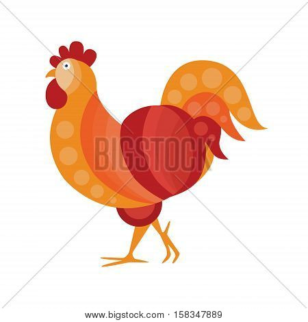 Rooster Farm Bird Colored In Artictic Modern Style Filled With Warm Colors Mosaic Pattern Colorful Illustration. Decorative Creative Design Of Chicken Shaped Isolated Drawing In Doodle Style.