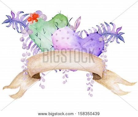 Succulent bouquet. Сactus in the shape of a heart feather fern and banner. Boho style for your design. Wedding invitation Valentines Day cards ect