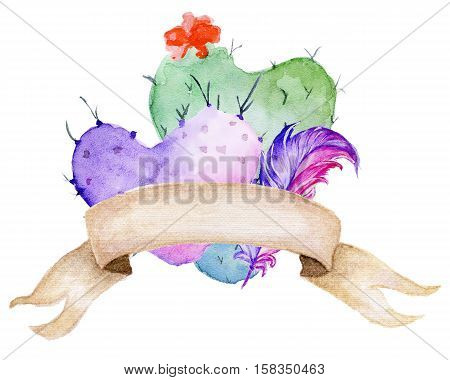 Succulent bouquet. Сactus in the shape of a heart feather and banner. Boho style for your design. Wedding invitation Valentines Day cards ect