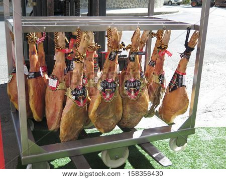 Trevelez Spain - October 31 2016: Large consignment of cured ham being delivered to shop