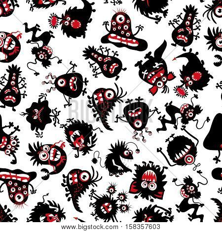 Funny monsters pattern for little boy. Halloween scary creatures. Background with black monster with tail and teeth. Vector illustration