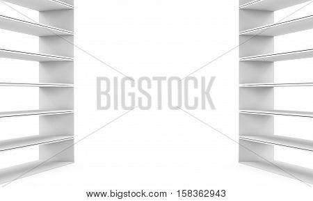 White exhibition room with white shelves. 3D rendering