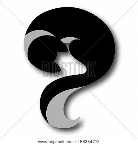 Vector Cat. Sleeping Black Cat with long black tail. Illustrated Question Mark for your design