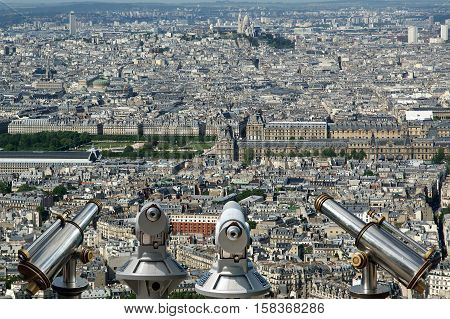 Telescope Viewer And City Skyline At Daytime. Paris, France. Taken From The Tour Montparnasse