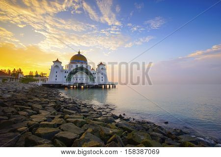 Dramatic sky & reflections at Straits Mosque Malacca. Nature composition