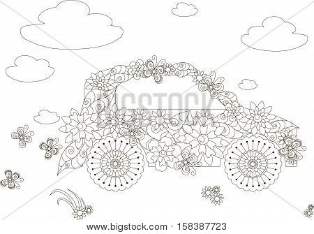 Flowers car, adult coloring page anti-stress stock vector illustration