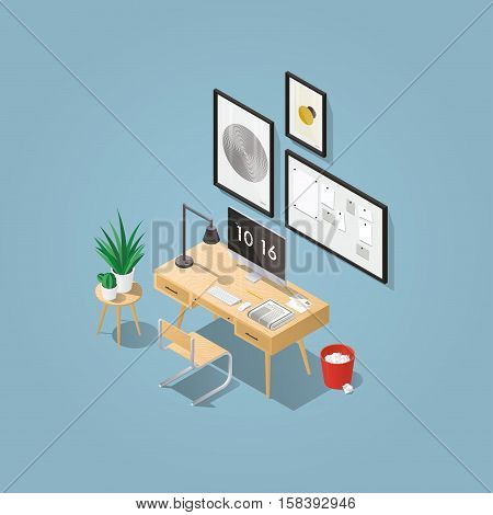 Isometric vector home office concept illustration. Workplace interior set: mid century office table modern chair pictures board home plants desktop computer lamp trash can letters keyboard.