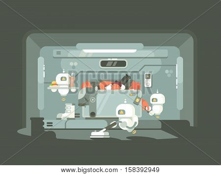 Future time, robots work, person lying on bed. Vector illustration