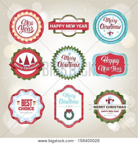 Happy New Year Merry Christmas Greeting Card Decoration Laber Web Icon Set Flat Vector Illustration