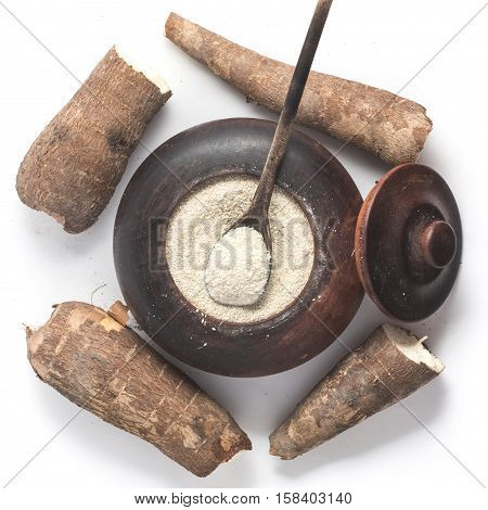 Manioc Flour. Farinha de Mandioca. Farofa isolated on white background
