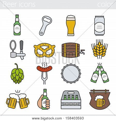 Beer color icons set. Bar and pub isolated vector illustrations. Foamy beer glass, bottle, can, mug, keg, crate, tap, cap, bottle opener. Sausage on fork, brezel, rye, hop and wooden bar sign