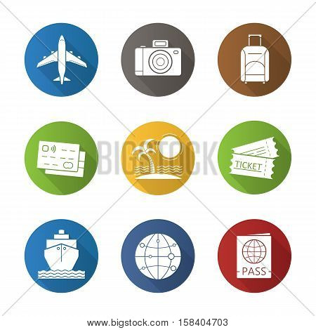Vacation and travel flat design long shadow icons set. Credit cards, tropical island, globe map model, cruise ship, passport, airplane flight, photo camera, suitcase and tickets. Vector symbols