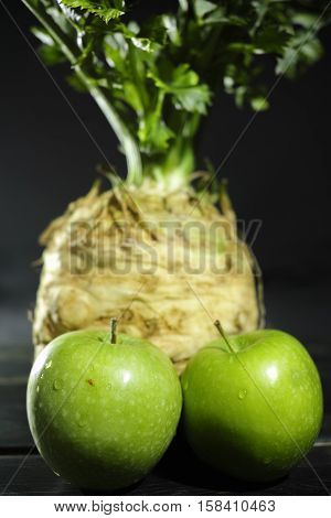 Celery root - celeriac and green apples fresh healthy vegetables for salad